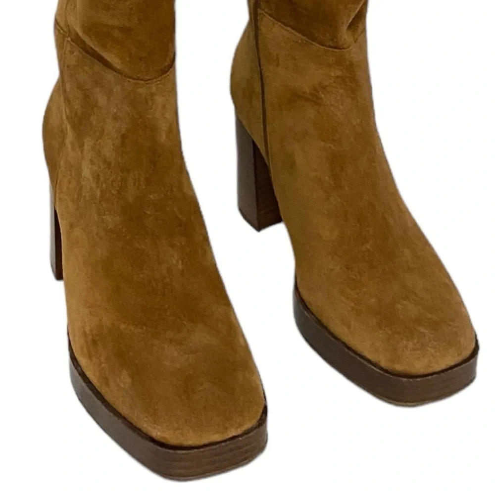 NWT FREE PEOPLE Suede Echo Platform Over The Knee Boots in Cognac